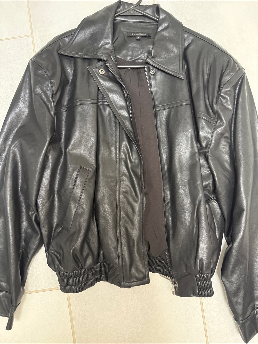 Olivaceous Black Leather Bomber Jacket